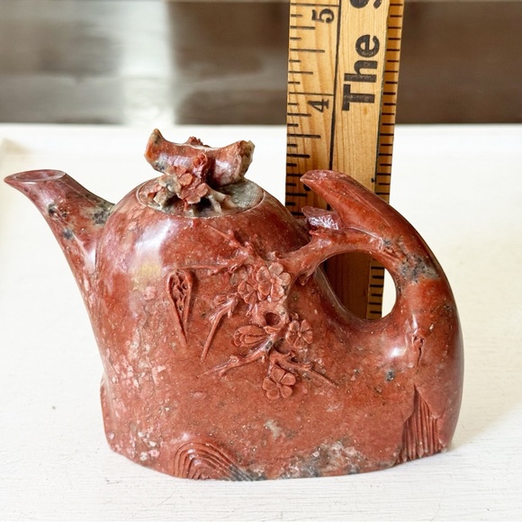Vintage Chinese Natural Red Shoushan Stone Carved Cherry Tree Blossom Teapot - Picture 13 of 16